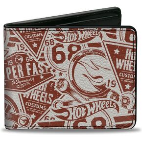 Buckle-Down Mattel Wallet, Bifold, Hot Wheels 68 Icons Collage Burgundy White, Vegan Leather