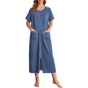 Ekouaer Women's Zipper Robes Full Length Short Sleeve Housecoats House Dress with Pockets Loungewear Nightgown S-4XL