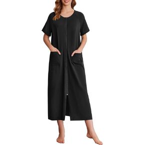 Ekouaer Women's Zipper Robes Full Length Short Sleeve Housecoats House Dress with Pockets Loungewear Nightgown S-4XL