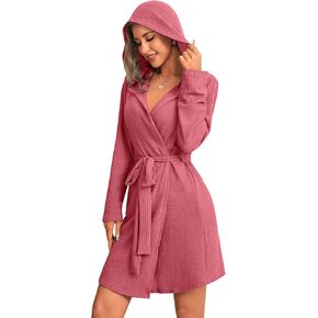 Ekouaer Robes for Women Waffle Knit Hooded Bathrobe Lightweight Robe Soft Knee Length Sleepwear with Pockets