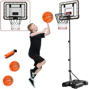Kids Basketball Hoop with Stand, 3.66-5.7 FT Adjustable Height Basketball Hoop with Electronic Scoreboard and LED Light, Indoor Outdoor Backyard Sport Game Gifts Toys for 3 4 5 6 7 8
