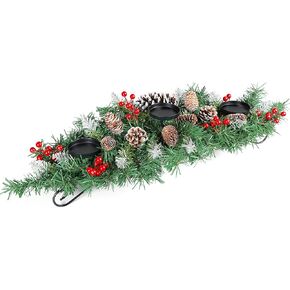 31.5" Christmas Centerpiece with 3 Candle Holders, Artificial Table Decorations with Pine Cones/Red Berries/Steel Base, Christmas Decorations Indoor, Xmas Tabletop Decor for Festival Home Decoration