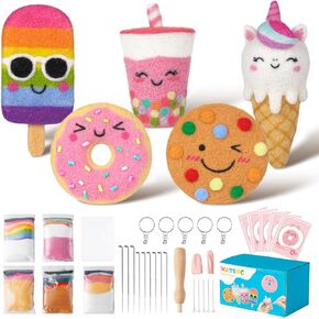 WATINC Desert Needle Felting Kit - Set of 5 Cute Cookie Ice-Cream Donut Milk Tea Doll Wool Felt Needle Felting Tools Foam Pad, DIY Home Decoration Needle Felting Craft Party Supplies for Beginners