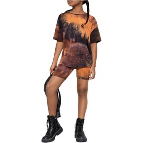 MakeMeChic Girl's 2 Piece Outfits Casual Tie Dye Round Neck Short Sleeve Tee Shirts and Biker Shorts Sets