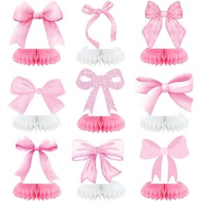 Pink Bow Party Honeycomb Centerpieces Decorations, 9Pcs Coquette Birthday Decorations, Pink Bow decorations for Birthday Bachelorette Bridal Party Decor