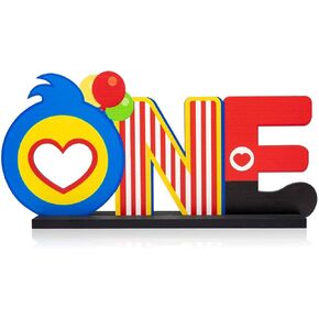 Plim Plim ONE Letter Sign Wooden Table Centerpiece, Circus Clown Plim Plim Theme First Birthday Party Decoration Supplies for One Year Old Baby Shower 1st Birthday Ornaments Photo Props