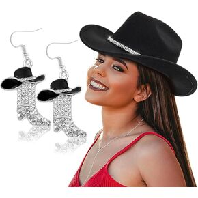 Cowboy Hat Rhinestone Cowgirl Boots Earrings Set Western Earrings Felt Fedora Jazz Hat Rodeo Outfit for Women