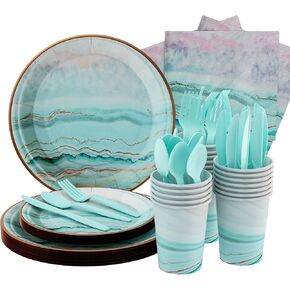 Teal Birthday Party Plates And Napkins Teal Gradient Purple Paper Plate With Rose Gold Border And Stripes Can Be Used As Disposable Party Decoration Supplies Turquoise Paper Plates Set For 24 Guests