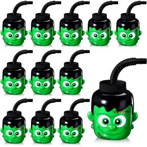 Umigy Halloween Cup for Kids 10 oz Reusable Plastic Cups Bulk Green Monster Shaped Cup with Lid and Straw for Gift Halloween Themed Party Favor Supplies(12 Pcs)