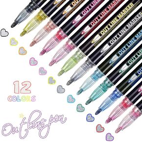 Shimmer Markers Double Line Outline Pen 12 Colors, Self-Outline Doodle Drawing Pens Craft Pens for Drawing, Greeting Card Making, DIY Art Crafts, Great Gift for Kids