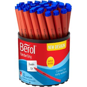 Berol Handwriting Pens | Round Shape | Washable Blue Ink | Bright Barrels | Tub of 42