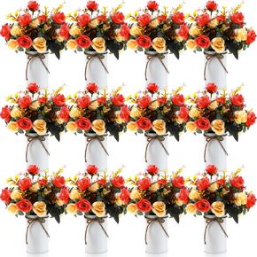 Domensi 3 Sets Dining Table Centerpiece for Wedding Decorations Artificial Rose with Vase 6 Pcs Fake Bouquets 3 Pcs Metal Pot Floral Arrangements for Party Event Table Decor (Brown)
