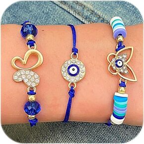 3pcs Evil Eye Protection Bracelets Adjustable Woven Blue Chain Beaded Good Luck Amulet Bracelets Handmade Evil Eye Protection Charm Bracelets Crystal Bracelets Set for Women Men Friendship Jewelry