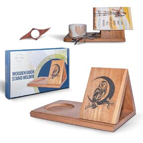 Wooden Book Stand with Cup, Phone, Tablet, and Pen Holder, Detachable Triangle Book Holder for Comfortable Reading, Wooden Book Nook Reading Valet with a Bonus Page Holder, Ideal Gift for Book Lovers