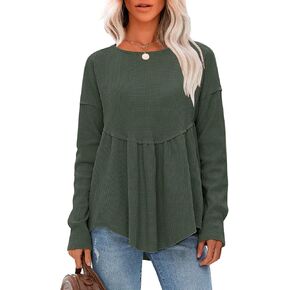 EXLURA Waffle Knit Long Sleeve Shirts for Womens Loose Fit Babydoll Tunic Tops Lightweight Sweaters Fall Fashion 2024 Clothes