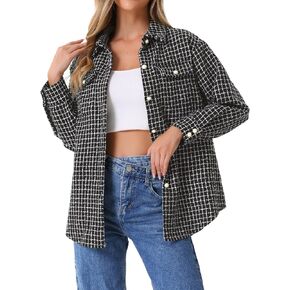 Allegra K Plaid Jacket for Women's Tweed Long Sleeve Button Down Loose Winter Shacket Jacket
