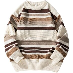 Arssm Mens Vintage Sweater Oversized Striped Knit Sweaters Crewneck Blouses Fall Pullover Tops Color Block Knitwear