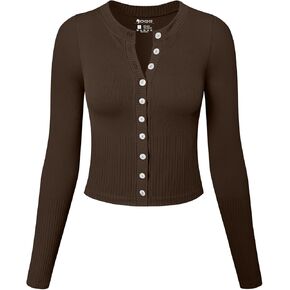 OQQ Womens Long Sleeve Shirts Crew Neck Button Knit Stretch Casual Basic Tops Fitted Tee Shirts