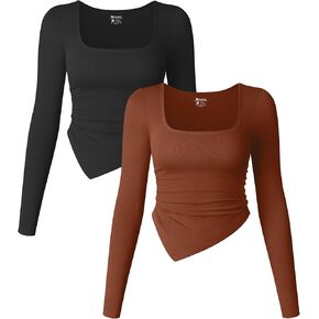 OQQ Womens 2 Piece Shirts Long Sleeve Square Neck Ruched Stretch Irregular Fitted Tee Shirts Tops