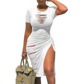 ENOPINK Women's Summer Dresses 2024 Sexy Cutout Bodycon Short Sleeve Crewneck Slit Ruched Club Party Midi Dress
