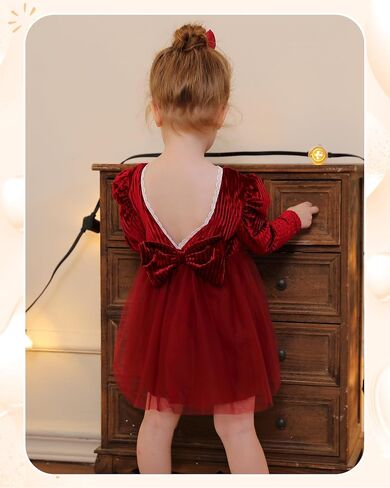 Kucnuzki Toddler Tutu Dress Little Girl Puff Sleeve Backless Fall Winter Princess Dress Flower Girls Velvet Dress 2-7Y in Saudi Arabia