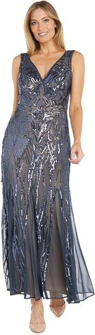 R&M Richards Long Beaded Dress W/Contrast Lining, V-Neckline & Godet Skirt in Kuwait