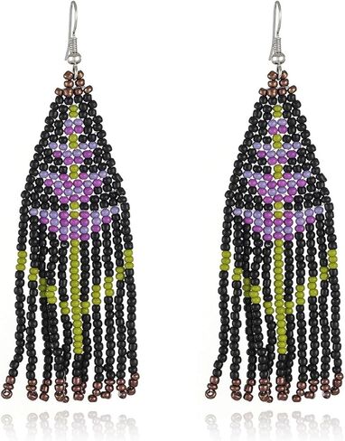 بوهو الأصلية نبات طويل الخزامى شرابة مطرز الأقراط للنساء الفتيات القبلية العرقية البذور الأصلية الخرز هامش قطرة تتدلى الأقراط، كبيرة أقراط الثريا الملونة بيان الهدايا والمجوهرات المصنوعة يدويا (الخزامى) in Kuwait