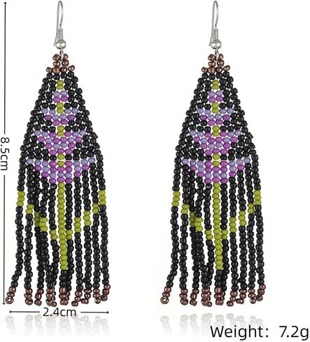 بوهو الأصلية نبات طويل الخزامى شرابة مطرز الأقراط للنساء الفتيات القبلية العرقية البذور الأصلية الخرز هامش قطرة تتدلى الأقراط، كبيرة أقراط الثريا الملونة بيان الهدايا والمجوهرات المصنوعة يدويا (الخزامى) in Kuwait