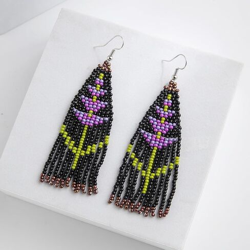 بوهو الأصلية نبات طويل الخزامى شرابة مطرز الأقراط للنساء الفتيات القبلية العرقية البذور الأصلية الخرز هامش قطرة تتدلى الأقراط، كبيرة أقراط الثريا الملونة بيان الهدايا والمجوهرات المصنوعة يدويا (الخزامى) in Kuwait