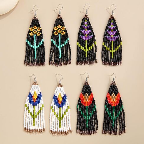 بوهو الأصلية نبات طويل الخزامى شرابة مطرز الأقراط للنساء الفتيات القبلية العرقية البذور الأصلية الخرز هامش قطرة تتدلى الأقراط، كبيرة أقراط الثريا الملونة بيان الهدايا والمجوهرات المصنوعة يدويا (الخزامى) in Kuwait