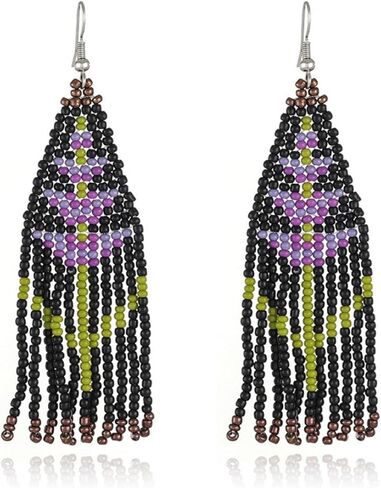 بوهو الأصلية نبات طويل الخزامى شرابة مطرز الأقراط للنساء الفتيات القبلية العرقية البذور الأصلية الخرز هامش قطرة تتدلى الأقراط، كبيرة أقراط الثريا الملونة بيان الهدايا والمجوهرات المصنوعة يدويا (الخزامى) in Kuwait