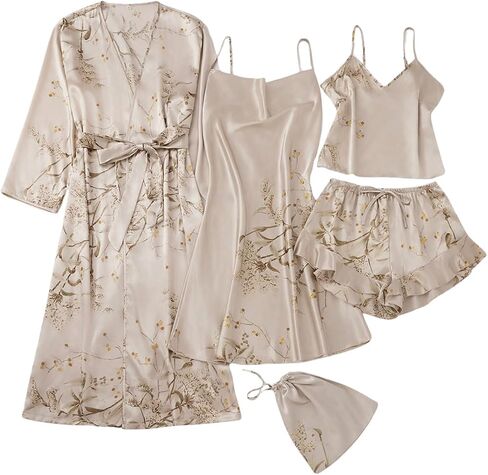 GORGLITTER Women's 5 Piece Floral Print Satin Pajama Set Nightgown Robe Cami Shorts Sleepwear with Storage Bag in Saudi Arabia