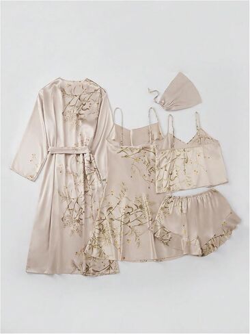 GORGLITTER Women's 5 Piece Floral Print Satin Pajama Set Nightgown Robe Cami Shorts Sleepwear with Storage Bag in Saudi Arabia