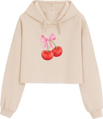 Cute Cherry Bow Graphic Cropped Hoodies for Teen Girls Kawaii Aesthetic Crop Hoodie Women Pullover Print Sweatshirt in Saudi Arabia