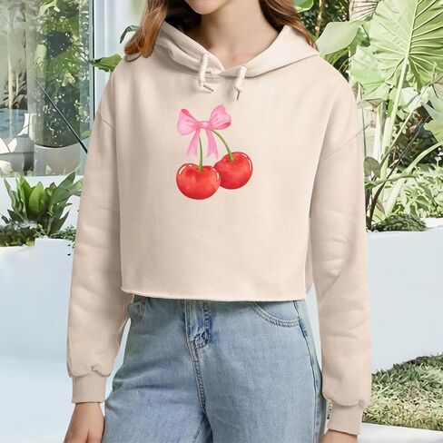 Cute Cherry Bow Graphic Cropped Hoodies for Teen Girls Kawaii Aesthetic Crop Hoodie Women Pullover Print Sweatshirt in Saudi Arabia