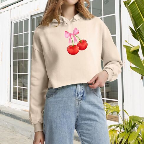 Cute Cherry Bow Graphic Cropped Hoodies for Teen Girls Kawaii Aesthetic Crop Hoodie Women Pullover Print Sweatshirt in Saudi Arabia