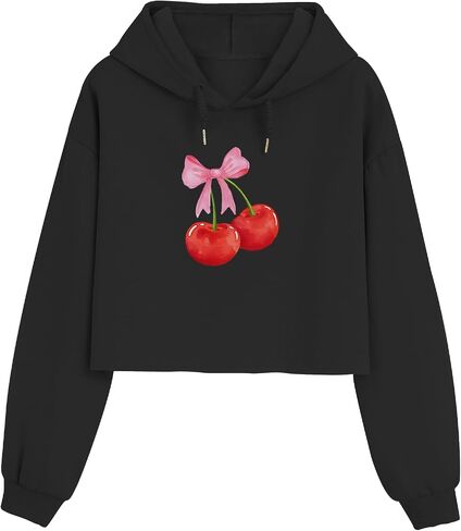 Cute Cherry Bow Graphic Cropped Hoodies for Teen Girls Kawaii Aesthetic Crop Hoodie Women Pullover Print Sweatshirt in Saudi Arabia
