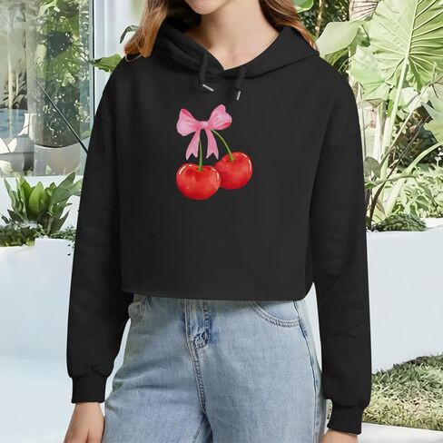 Cute Cherry Bow Graphic Cropped Hoodies for Teen Girls Kawaii Aesthetic Crop Hoodie Women Pullover Print Sweatshirt in Saudi Arabia