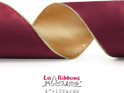 LaRibbons Burgundy Velvet Wired Ribbon 4 Inch x 10 Yards, Burgundy and Gold for Christmas Tree, Gift Wrapping, Wreath Bow, Outdoor Decoration in Kuwait