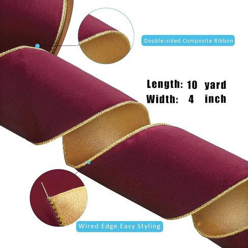 LaRibbons Burgundy Velvet Wired Ribbon 4 Inch x 10 Yards, Burgundy and Gold for Christmas Tree, Gift Wrapping, Wreath Bow, Outdoor Decoration in Kuwait