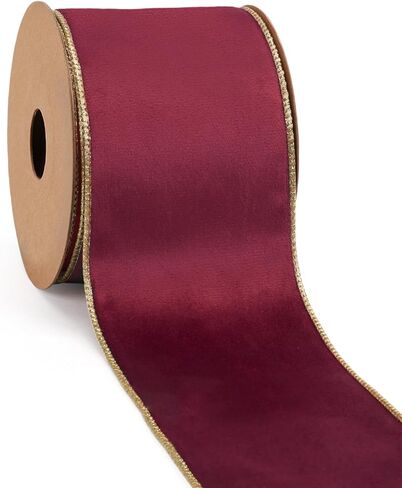 LaRibbons Burgundy Velvet Wired Ribbon 4 Inch x 10 Yards, Burgundy and Gold for Christmas Tree, Gift Wrapping, Wreath Bow, Outdoor Decoration in Kuwait