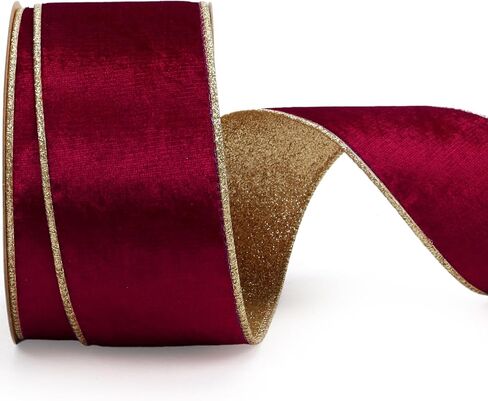 LaRibbons Burgundy Velvet Wired Ribbon 4 Inch x 10 Yards, Burgundy and Gold for Christmas Tree, Gift Wrapping, Wreath Bow, Outdoor Decoration in Kuwait