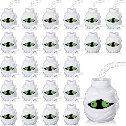 Umigy 24 Pcs Halloween Cup with Lids 10 oz Halloween Party Cups for kids Ghost Mummy Skull Shaped Cup with Lid and Straw for Gift Halloween Themed Party Favor Supplies(Mummy Shaped) in Kuwait