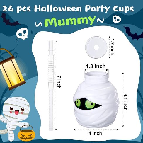Umigy 24 Pcs Halloween Cup with Lids 10 oz Halloween Party Cups for kids Ghost Mummy Skull Shaped Cup with Lid and Straw for Gift Halloween Themed Party Favor Supplies(Mummy Shaped) in Kuwait