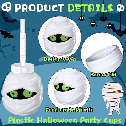 Umigy 24 Pcs Halloween Cup with Lids 10 oz Halloween Party Cups for kids Ghost Mummy Skull Shaped Cup with Lid and Straw for Gift Halloween Themed Party Favor Supplies(Mummy Shaped) in Kuwait