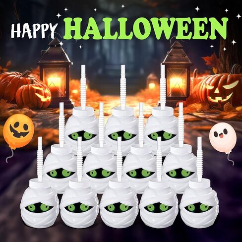 Umigy 24 Pcs Halloween Cup with Lids 10 oz Halloween Party Cups for kids Ghost Mummy Skull Shaped Cup with Lid and Straw for Gift Halloween Themed Party Favor Supplies(Mummy Shaped) in Kuwait