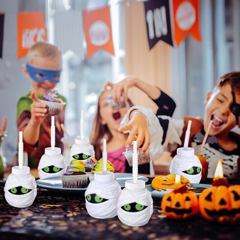 Umigy 24 Pcs Halloween Cup with Lids 10 oz Halloween Party Cups for kids Ghost Mummy Skull Shaped Cup with Lid and Straw for Gift Halloween Themed Party Favor Supplies(Mummy Shaped) in Kuwait
