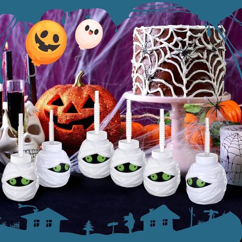 Umigy 24 Pcs Halloween Cup with Lids 10 oz Halloween Party Cups for kids Ghost Mummy Skull Shaped Cup with Lid and Straw for Gift Halloween Themed Party Favor Supplies(Mummy Shaped) in Kuwait