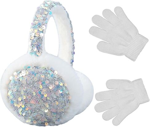 Winter Ear Muffs Gloves Set for Kids with Adjustable Sequins Shiny Fluffy Warm Earmuffs for Kids Outdoor Cold Weather in Kuwait