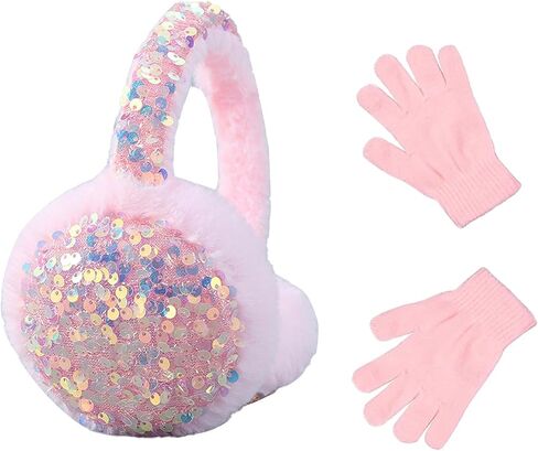Winter Ear Muffs Gloves Set for Kids with Adjustable Sequins Shiny Fluffy Warm Earmuffs for Kids Outdoor Cold Weather in Kuwait